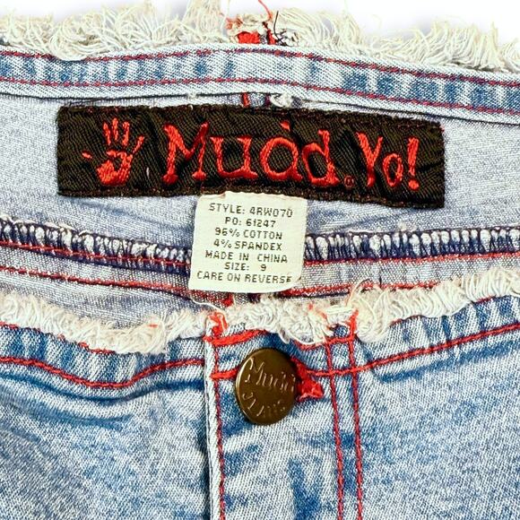 VTG Y2K Mudd Yo! Crop Flare Jeans Low Rise Raw Frayed Waist Red Lace Up Denim 9 - Picture 4 of 11